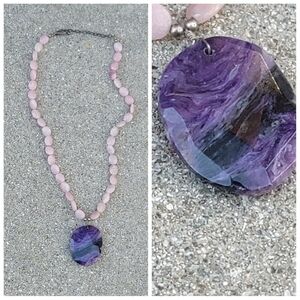 Vtg Natural Stone Necklace with Faux Amethyst Pendant